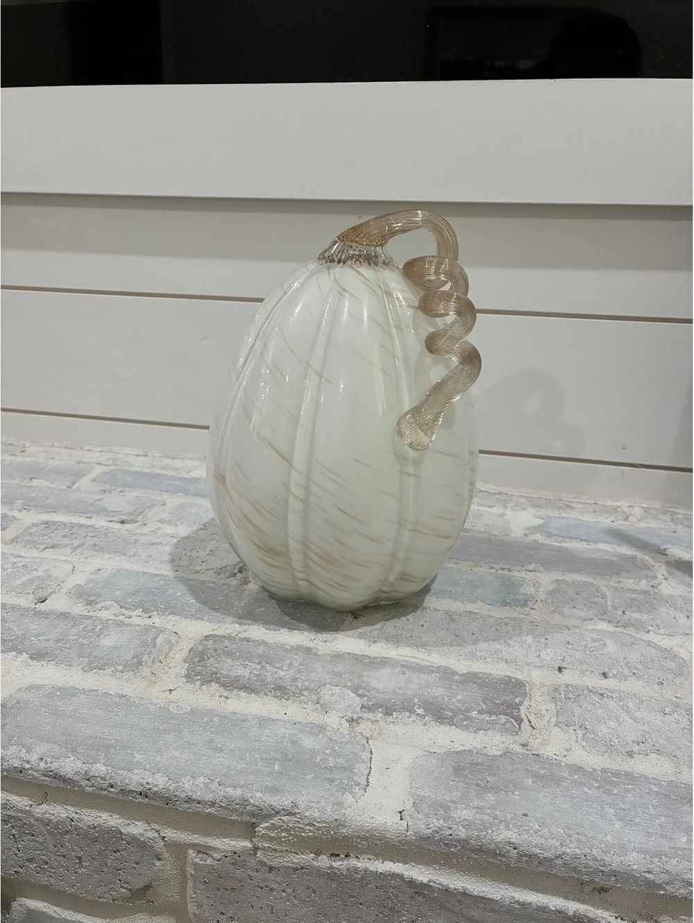 Handblown Glass White Pumpkin Decorative Figurine with Curled Stem